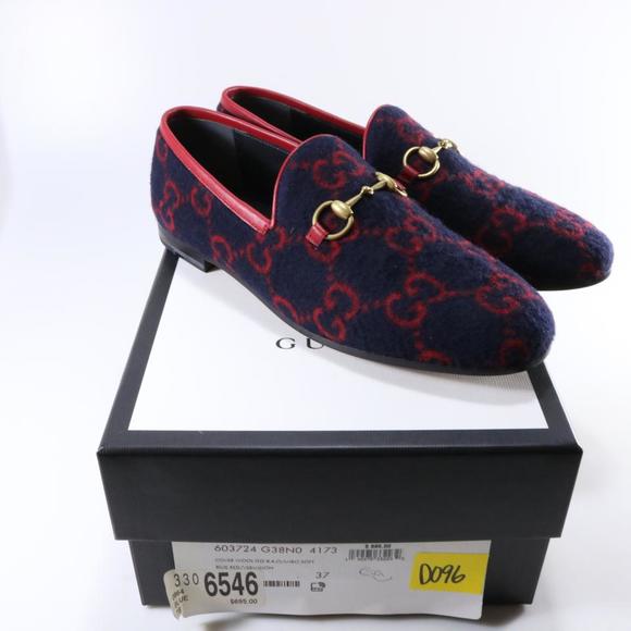 Jordaan GG Print Horsebit Classic Wool Navy Red Flannel Loafers D096 - Picture 3 of 12